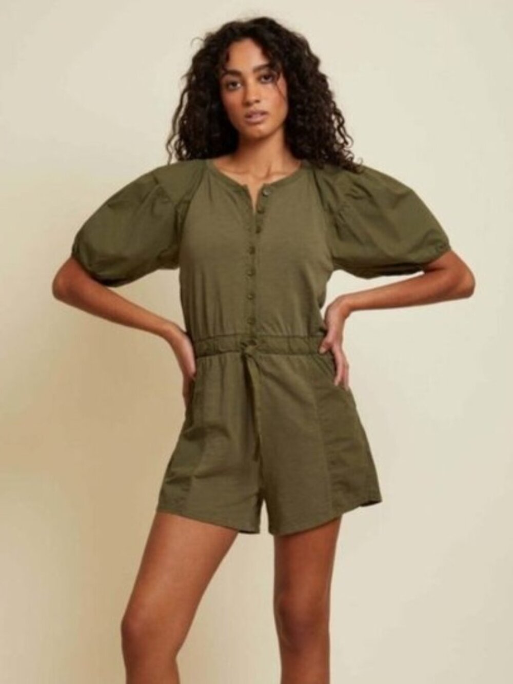 NATION LTD Garner Combo Romper - Ivy Green Size XS Cotton Puff Sleeves Neutral